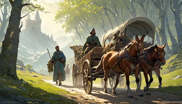 On a rugged mountain path with lush grass and sparse trees, two young merchants—a man and a woman—pull a large covered wagon, not with horses, but with sturdy mules. Both merchants wear leather backpacks and several belt pouches as they walk alongside the ...