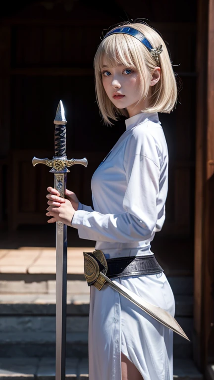 A female paladin holding a holy sword、Female Paladin Holding a Holy Sword、Holding the holy sword with both hands、The holy sword is shining、The Holy Sword Shines、Blonde Short Hair、With bangs、Hair band、One woman、、Seventeen years old、Blue Eyes、Wearing white a...