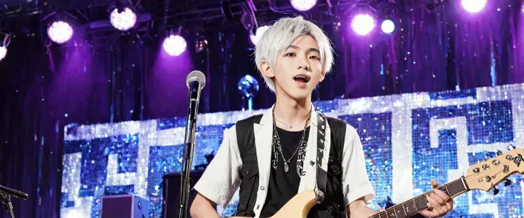 1boy, hold an guitar, singing, stand mic, stage background, piercing, white hair, japanese boy, half body