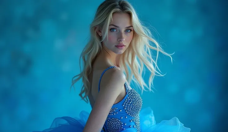 Beautiful Russian classical ballet dancer in a rather sensual blue studded dress, Blonde Hair, Perfect proportions, 服の感性なしのBlue background、Blue background、Blue Place、Shiny blue overalls 