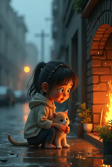 A small kitten wanders the street in the rain looking for food. A girl meets him and takes him to her home, where they warm themselves together by the fireplace.