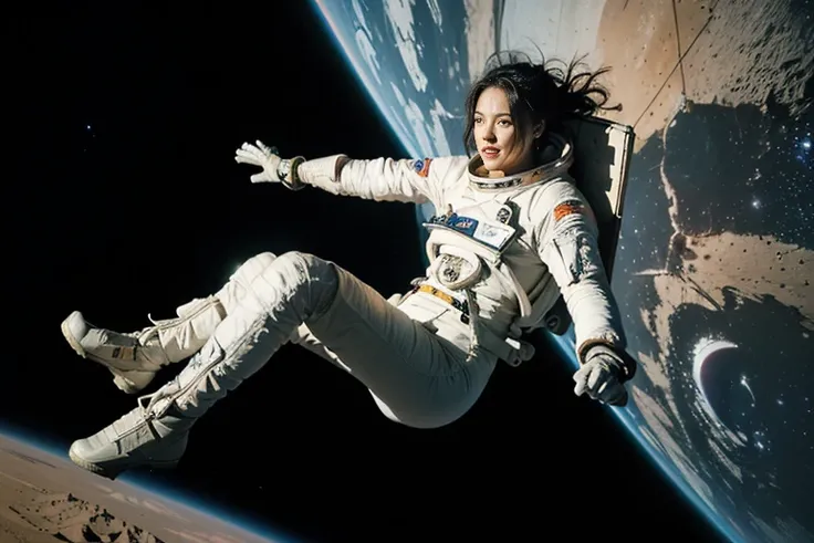 (((Spacecraft extravehicular activity))), (((Woman doing a spacewalk))), (((The world of Mad Max))) , (((In space))),A boldly composed photograph of a Japanese woman, as if taken by a famous artistic photographer, (((Blockbuster art photography)), (8k, Bes...