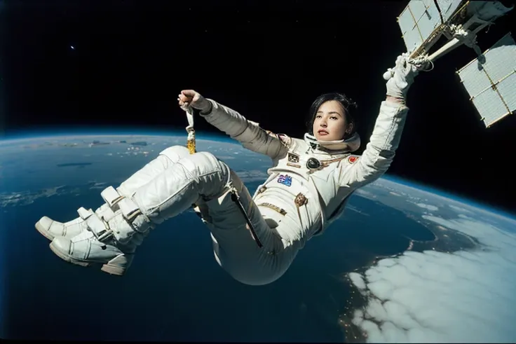 (((Spacecraft extravehicular activity))), (((Woman doing a spacewalk))), (((The world of Mad Max))) , (((In space))),A boldly composed photograph of a Japanese woman, as if taken by a famous artistic photographer, (((Blockbuster art photography)), (8k, Bes...