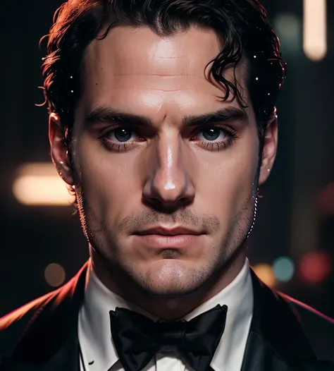 raw face closeup portrait of henry cavill person wearing a tuxedo, professional photography, in blade runner, high resolution, 4...