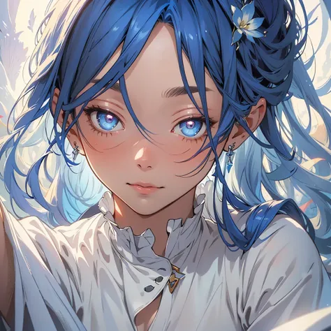 "(best quality, highres), blue-haired girl with long hair, close-up of her face, wearing a white skirt, detailed eyes and face, ...