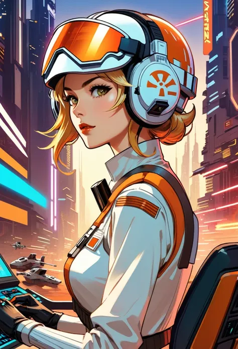 Anime Art Star Wars X-Wing Fighter Female Pilot Wearing VR Helmet Hacking Computer Cyberpunk Cityscape 2077 by JC Leyendecker Anime Style Main Image Vibrant Anime Studio High Detail