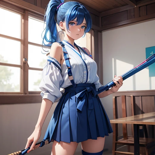 a petite teenage fem boy  with blue hair in a ponytail, blue eyes, wearing a navy blue hakama , silky archery uniform with light blue and pink frilly Halter-Neck blouse and a short skirt, revealing and bold pose, full body shot, feminine outfit 