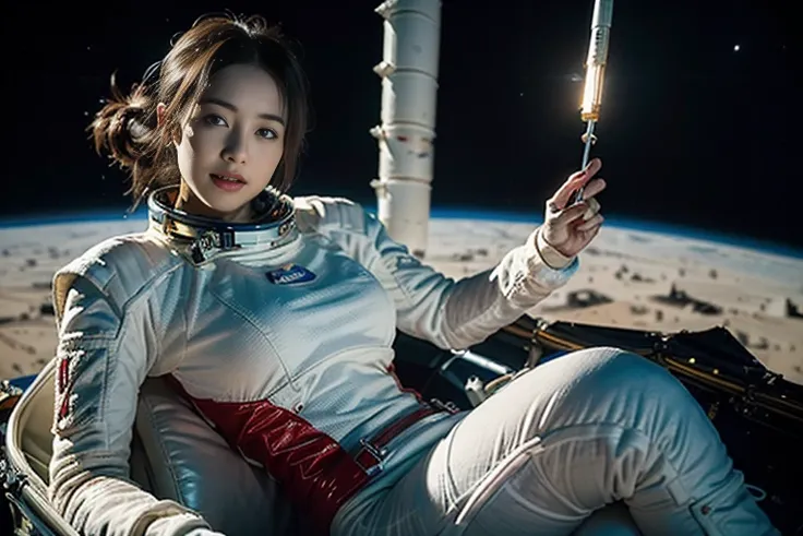 (((Spacecraft extravehicular activity))), (((Woman doing a spacewalk))), (((The world of Mad Max))) , (((In space))),A boldly composed photograph of a Japanese woman, as if taken by a famous artistic photographer, (((Blockbuster art photography)), (8k, Bes...