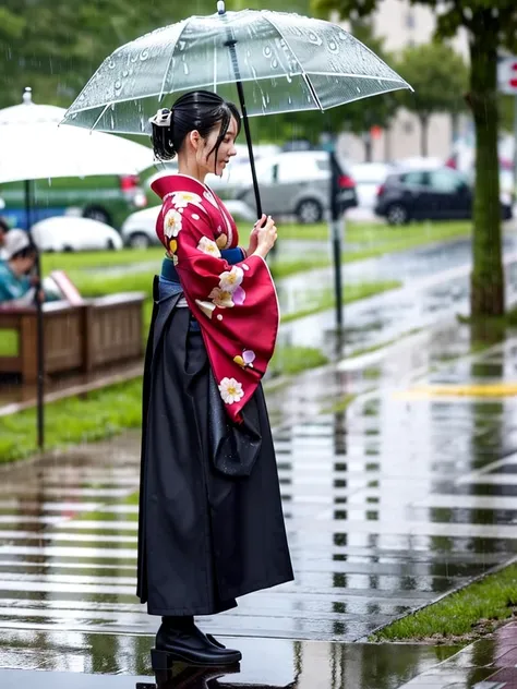 Realistic, long-sleeved kimono, hakama, long hakama, floral kimono, wet clothes, soaking wet clothes, clothes that shine when wet, clothes with a wet texture, clothes that get wet and stick to the body, getting wet in the rain, heavy rain, rain, raindrops,...