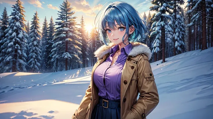 1girl, solo, trees, sun, clouds, winter, ((blue hair)), short hair, huge breasts, button down shirt, ((purple shirt)), ((unbuttoned shirt)), ((winter coat)), unbuttoning buttons, blue eyes, skirt, boots, smile, happy, looking at the viewer, standing, golde...