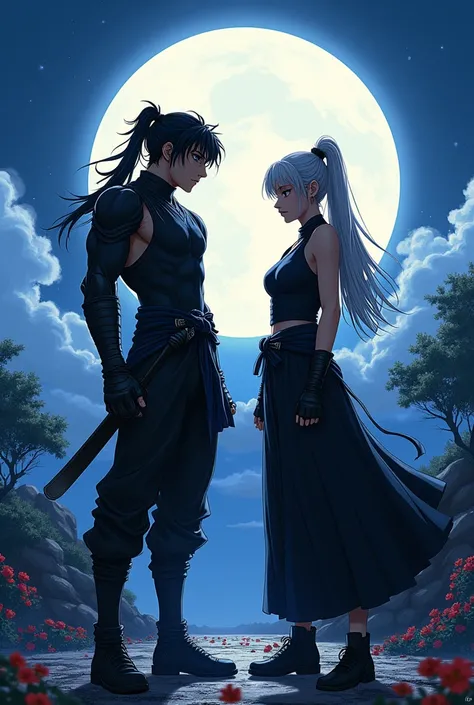 two anime characters are standing in front of the full moon, anime ninja scroll, anime style ninja scroll, Drifters, 1990s anime, 1 9 9 0 s anime, 1 9 9 0s anime, , Street Fighter, genius - spirit, red line anime movie style, 80s anime in this style