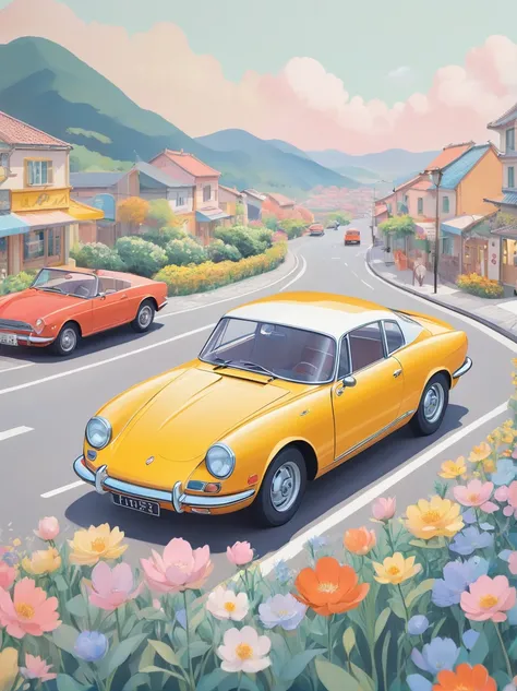 Highest quality、Popup、pastel、とてもcute、Patchwork、cute、Picture book illustrations、、Ultra delicate、Beautiful、pastelカラー,pastelアート、Retro、Sports Car、レトロ車