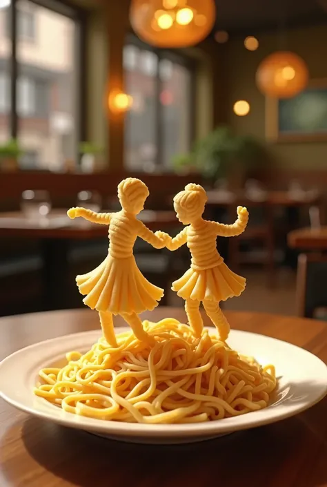 A plate that stands on a table in a restaurant, noodles in the form of a man and a girl dancing a waltz
