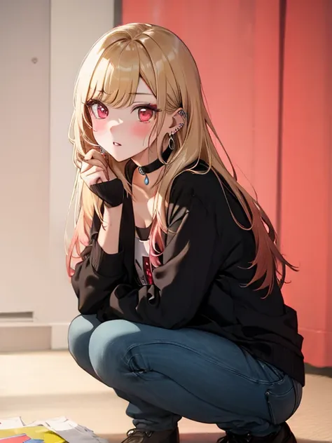 Squat, Pitiful, blush, (masterpiece:1.5), highest quality, Kitagawa Marin, 1girl, blonde hair, long hair, multicolored hair, red eyes, jewelry, earrings, piercing, black choker, UHD, retina, masterpiece, accurate, anatomically correct, textured skin, super...