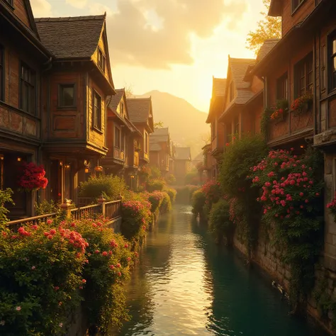 The sun has just penetrated the clouds and sprinkled on the alleys of this ancient city. The antique wooden building appears particularly warm in the morning light, and the blooming flowers on both sides of the street complement the clear river, creating a...