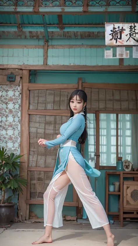 Wearing a Vietnamese blue ao dai costume、(Simple blue ao dai,Long and large slit),Japanese woman doing a high kick、(Long legs、Model body type,Large Breasts)、Legs kicked high above the head,Her legs are beautiful and long。Front View,Full body portrait,Marti...