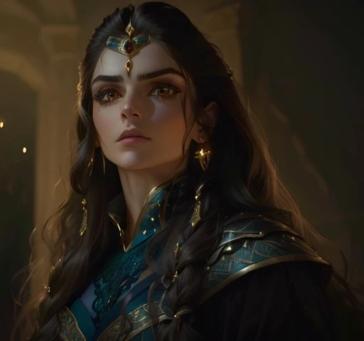 woman with long hair and earrings in a dark room, Still from a fantasy film, Goddess Hera looks angry, looks like ebru sahin, Maya Ali like D&d Sorcerer, Shallan Davar, as a medieval fantasy character, Maya Ali, like D&d Sorcerer, gorgeous lady, Emma Watso...