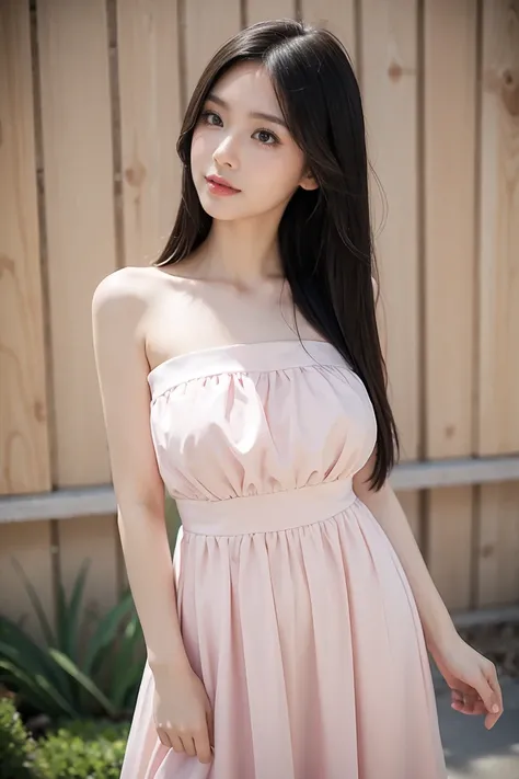  [girl, long straight black hair (No tassel), Wearing a pink strapless dress, White complexion, It&#39;s snowing, Standing under a pink tree, Small chest