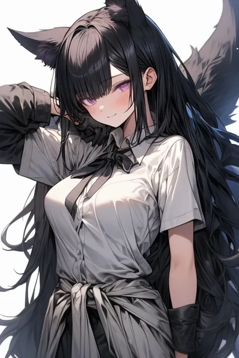 Kitsun Girl, 10 fox tails, fox ears, purple eyes, long black hair, black jacket tied at the waist, white short sleeve shirt, Black gloves, black tie, look would be.