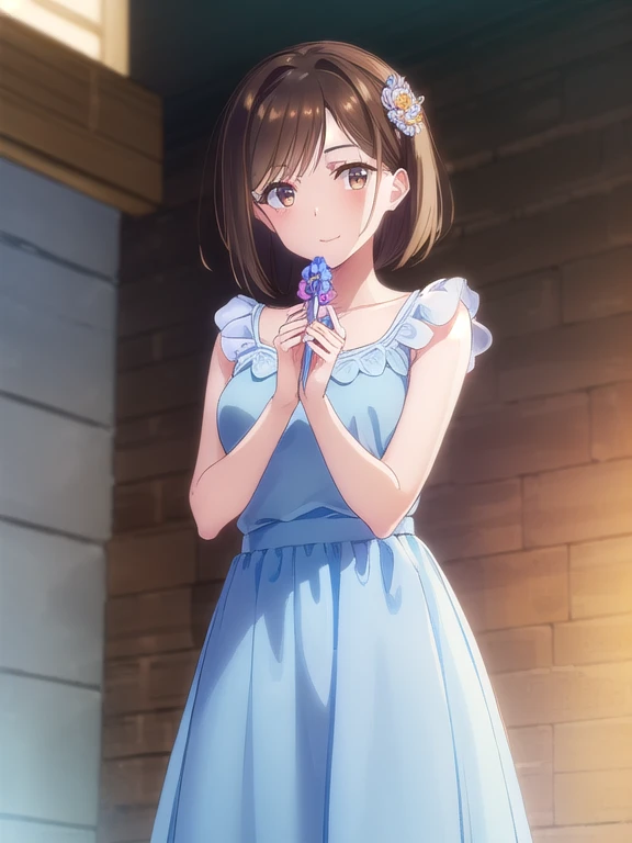 ((light blue party dress, gorgeous dress,long skirt,Satin dress)),mizuharachizuru, Chizuru Ichinose, solo woman,(Long Bob:1.5,Shaggy), bangs, Brown Hair, (Brown eyes:1.5), smile,(Party Venue),looking at viewer, (Cowboy Shot:1.5),(masterpiece:1.2), Best Qua...