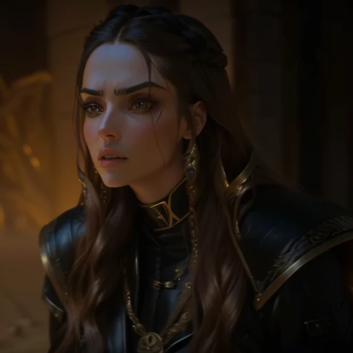 a woman with long hair and a leather jacket looks at something, Still from a fantasy film, Goddess Hera looks angry, Wanda Maximoff, scene from the movie dune 2 0 2 1, still from the movie dune 2020, Maya Ali as D&d Sorcerer, Ana de Armas as Jeanne D&#39;A...