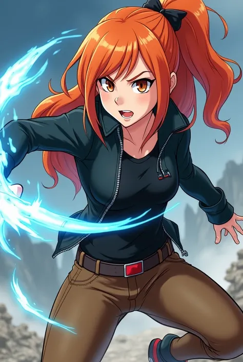 From Disney In Infinity Anime Style Kimberly Ann Possible With Blue Weapon In Mini Fight Kung Orange Hair Cool Evil Black Jacket Zipper Brown Pants 