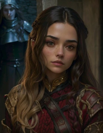 woman with long hair and red sweater looking at camera, frame from game of thrones, looks threatening, looks like ebru sahin, Kristina Kricku, Simone Sbaffi is the captain, Arya Stark, but she has a stern look, Arya Stark as venus, Tessa Thompson, beautifu...