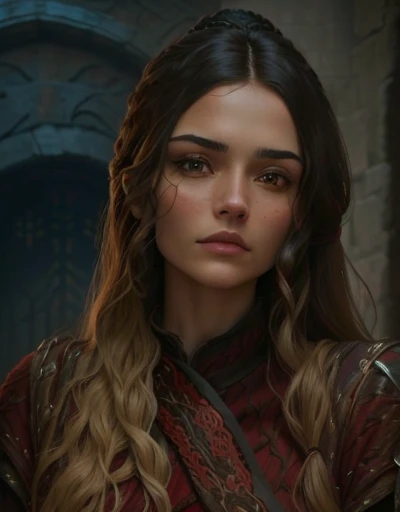 woman with long hair and red sweater looking at camera, frame from game of thrones, looks threatening, looks like ebru sahin, Kristina Kricku, Simone Sbaffi is the captain, Arya Stark, but she has a stern look, Arya Stark as venus, Tessa Thompson, beautifu...