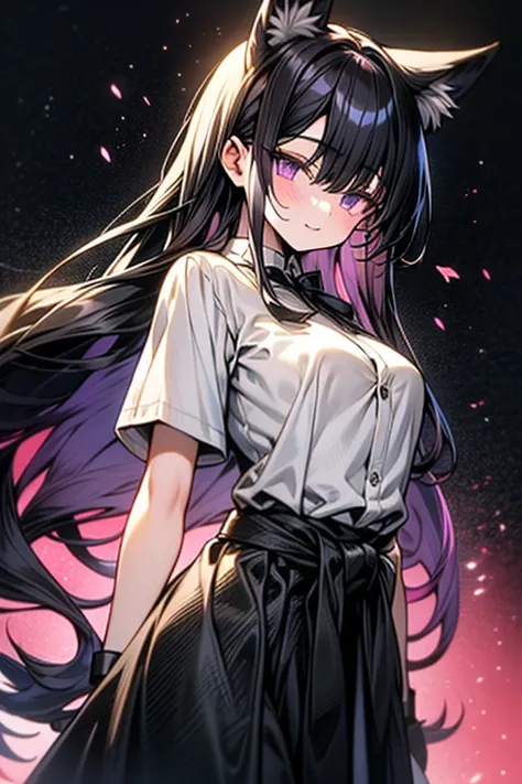 Kitsun Girl, 10 fox tails, fox ears, purple eyes, long black hair, black jacket tied at the waist, white short sleeve shirt, Black gloves, black tie, look would be.