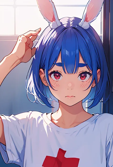 One woman、Blue Hair、Short Hair、Wave、Rabbit Ears、Round eyebrows、Red eyes、Half-close your eyes、Close your mouth、Lift the corners of your mouth、Cross your arms、White T-shirt、（Best Quality、High image quality、masterpiece、Perfect illustration）