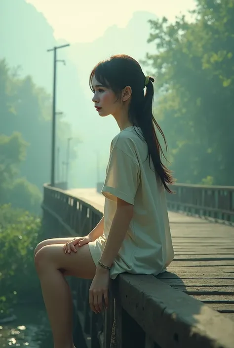 Beautiful Asian girl,Long hair,Hair tie,Sitting with legs dangling,At the bridge,Wear a t-shirt,nature,Smog,Morning sunlight