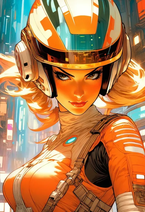 Masterpiece, Intricate Detail, Anime Art, Cyberpunk, Star Wars X-Wing Fighter Female Pilot, Sexy, Big Breasts, Seductive, Open Breasts, VR Helmet Hacking Computers, Cyberpunk Cityscape 2077 by JC Leyendecker, Anime Style, Main Image, Vibrant, Anime Studio,...