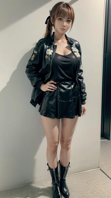 Kasumi, wearing a black jacket and a white flowery dress underneath, wearing black boots, full body photo, lifting the skirt