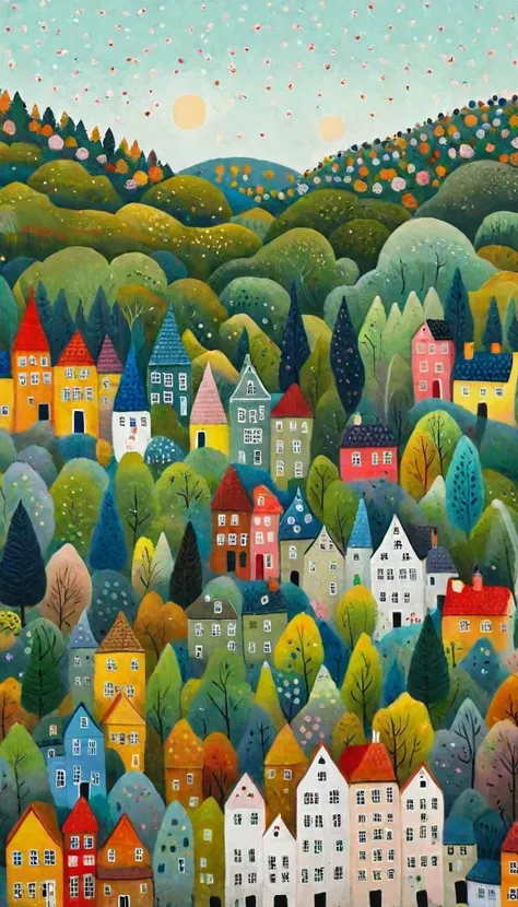 a painting of a city with lots of houses and trees, village in the woods, cottage town, by camille bombois, jane newland, city o...