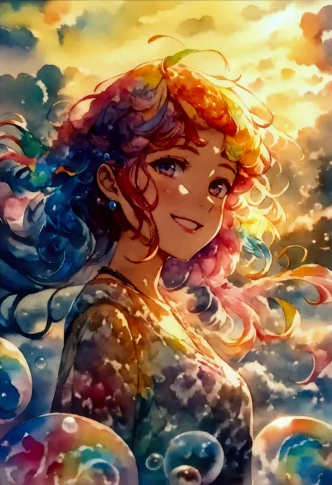 (masterpiece, Top quality, best quality, watercolor (Moderate), Official Art, beautiful and aesthetic: 1.2), (1 girl: 1.3), (Fractal Art: 1.3), morning, Good morning, Smile, sunny, hapiness, Viewer, pattern, Waves, (Rainbow Hair, rich and colorful Hair: 1....