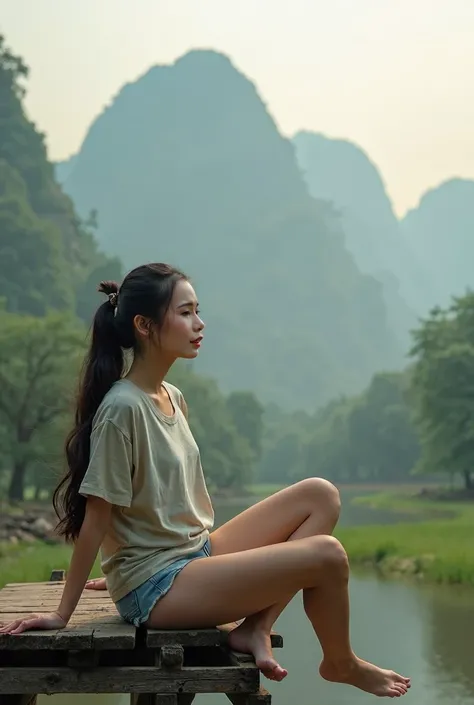 Photos of beautiful Asian girls,Long hair,Hair tie,Sitting with legs dangling,At the bridge,Wear a t-shirt,nature,Smog,Morning sunlight,mountain