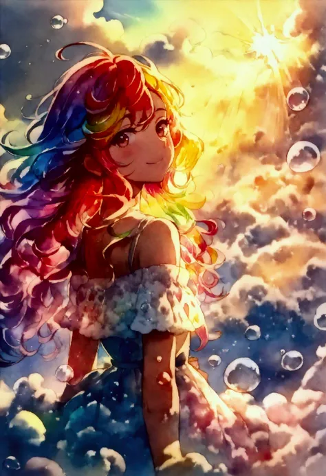 (masterpiece, Top quality, best quality, watercolor (Moderate), Official Art, beautiful and aesthetic: 1.2), (1 girl: 1.3), (Fractal Art: 1.3), morning, Good morning, Smile, sunny, hapiness, Viewer, pattern, Waves, (Rainbow Hair, rich and colorful Hair: 1....