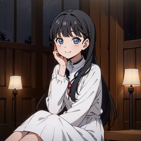 a girl lose long sleeved dress , long black hair , sitting , smiling to her self , navy blue eyes , at night 