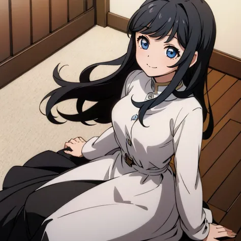 a girl lose long sleeved dress , long black hair , sitting , smiling to her self , navy blue eyes , at night 