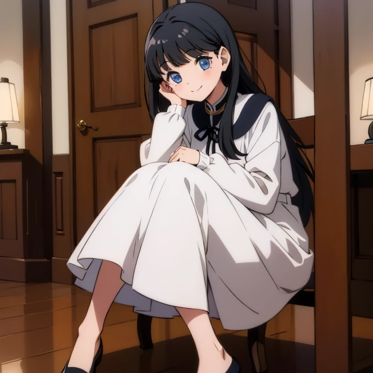 a girl lose long sleeved dress , long black hair , sitting , smiling to her self , navy blue eyes , at night 