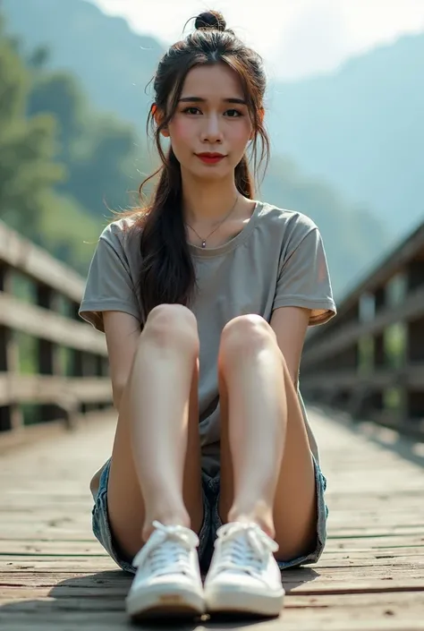 Front facing photo,Beautiful Asian girl,Long hair,Hair tie,Sitting with legs dangling,At the bridge,Wear a t-shirt,nature,Smog,Morning sunlight,mountain,canvas shoes