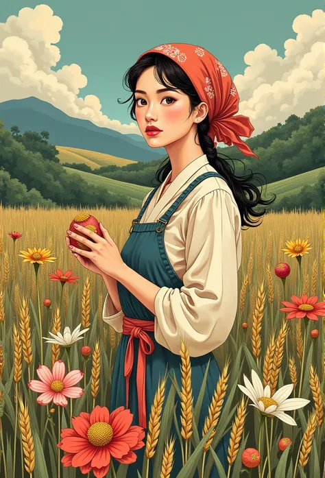 Vintage style girl with headscarf , Highly detailed botanical characters,Rice Harvesting Girl、 Line artist, Digital illustration, Heavy Ink, Maximalist Botany, beautifully、Aesthetically beautiful illustration masterpiece, Topaz AI Post Editing