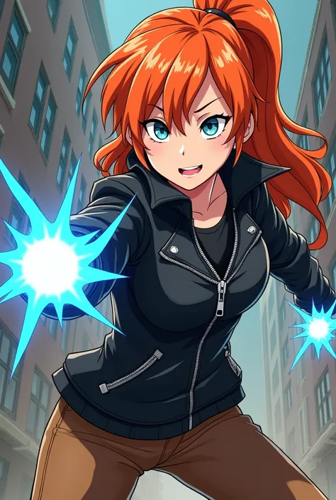 From Disney In Infinity Anime Style Kimberly Ann Possible With Blue Weapon In Mini Fight Orange Hair Cool Evil Black Jacket Zipper Brown Pants