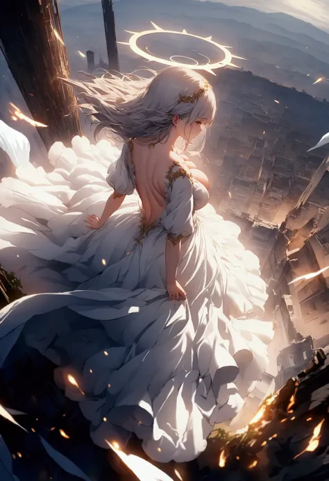 
A (back view:1.5) of a very beautiful female angel(long platinum hair, wide-backed white dress,(big beautiful angel wing from her chest),very beautiful shiny halo), she is spreading her arms wide and gently as if seeking salvation, she is above the clouds...