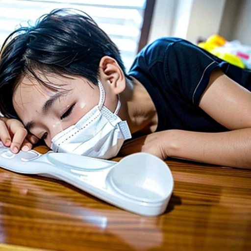 Handsome kindergarten boy with infectious disease、Appearance of suffering. He is wearing a white mask. He has a high fever. he is sleeping. He has a cough. He is exhausted. He is taking his temperature with a thermometer. He is dying. He is cooling his for...