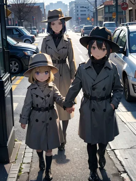 Image of two grey aliens and a woman, two aliens in trench coats and hats and one child girl holding hands, girl in the middle, shizuka chan, captured girl. extraterrestrials, Among Us characters. Two aliens in trench coats, detective outfits, mystery and ...