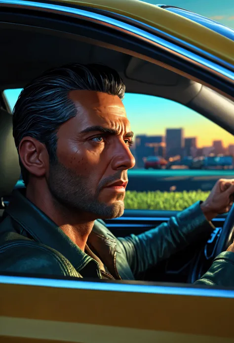 a man in a car, detailed face, hyperrealistic, highly detailed, intricate details, photorealistic, concept art, vibrant colors, dramatic lighting, cinematic, moody atmosphere, sharp focus, 8k, best quality, masterpiece