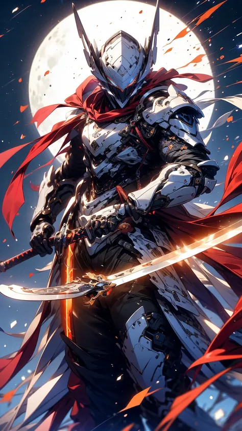 anime character wearing a red cloak and sword in front of a full moon,  (highest quality:1.2), (very detailed:1.2),(masterpiece:...