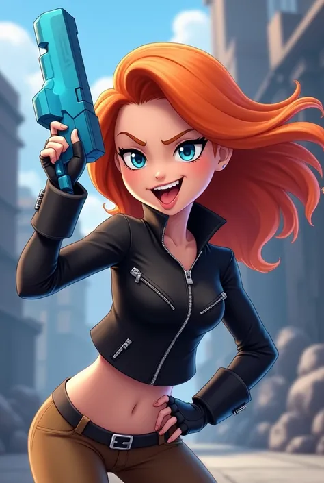 Aus Disneys Infinity-Anime-Stil: Kimberly Ann Possible Cheeky My Evil sticks out her tongue in a mini-fight with a blue weapon, orange hair, cool evil black jacket, zipper, brown pants