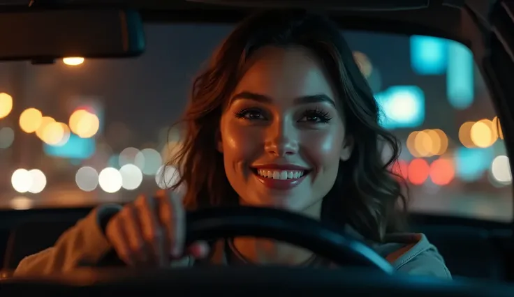 a woman in a car, photorealistic, detailed interior of a car, detailed face features, beautiful detailed eyes, beautiful detailed lips, extremely detailed eyes and face, long eyelashes, young person, happy expression, driving a car, night scene, city light...